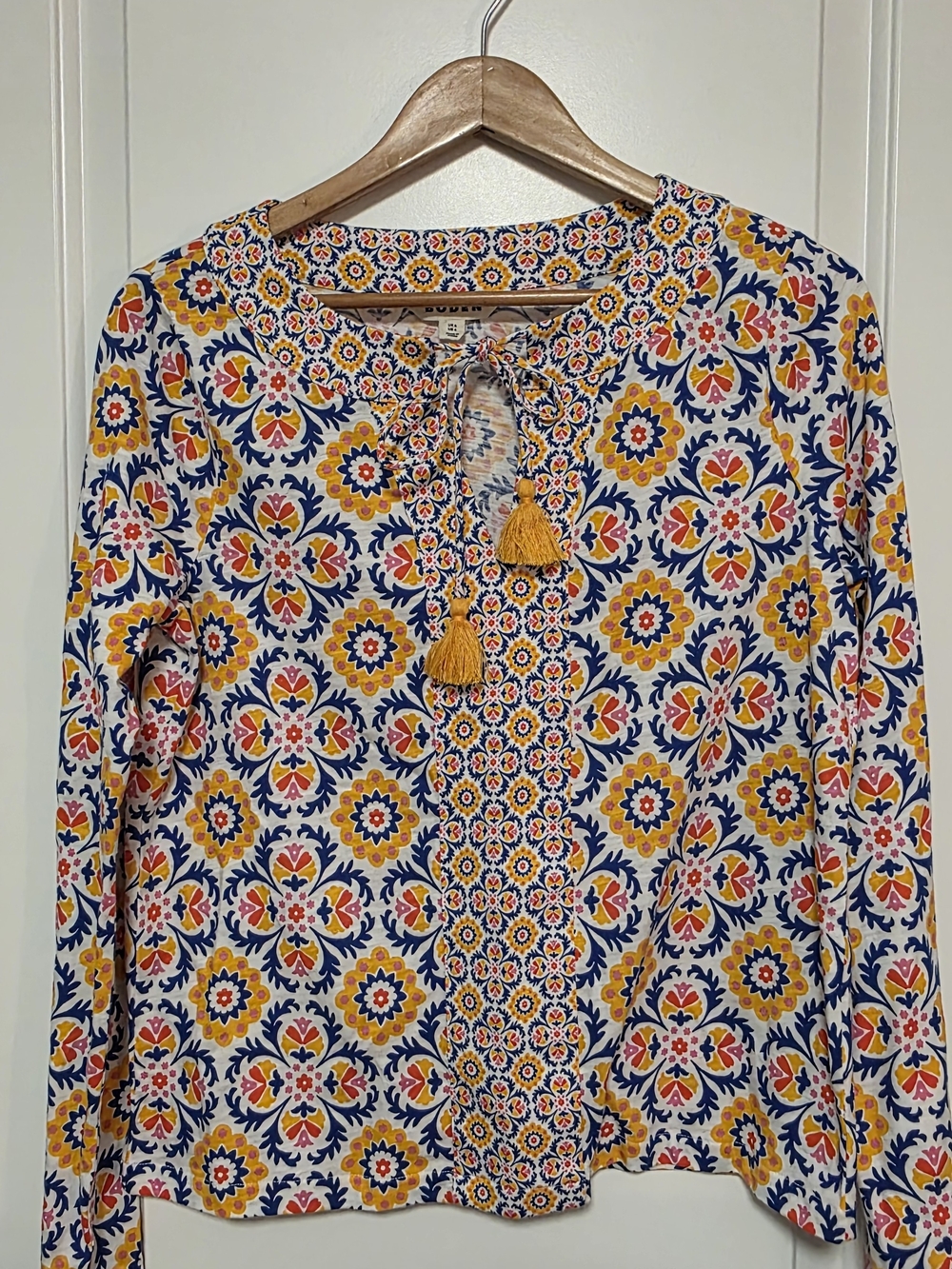 Women's Tassel Tie Floral Print Blouse in Yellow & Blue